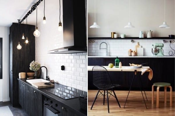 Melnā un baltā kontrasts skandināvu interjera virtuvē
