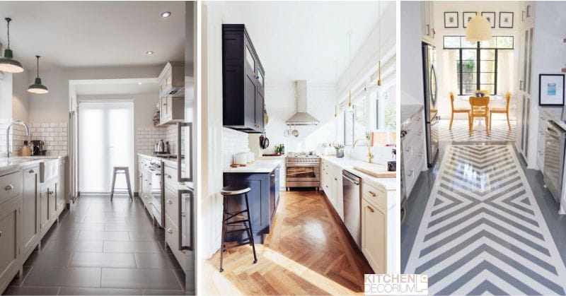 Design narrow kitchen-parquet, laminate, linoleum