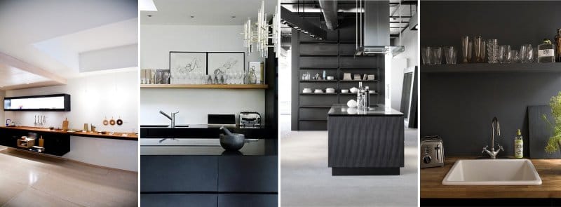 hyller på kjøkkenet i stil med hi-tech og minimalisme
