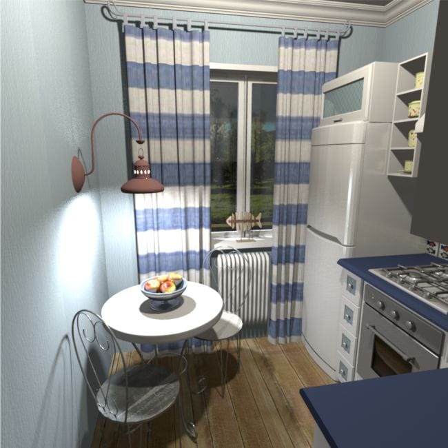 Zaprojektuj małą niebieską kuchnię w stylu marynistycznym.