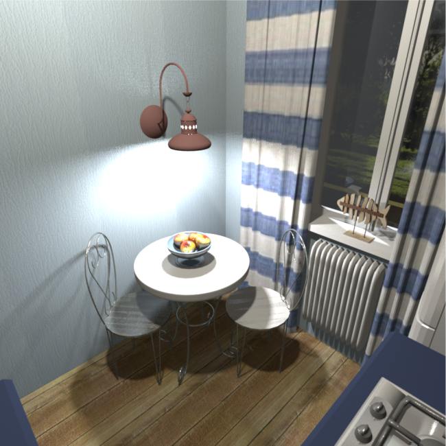 Utforma ett litet blått kök i nautisk stil.