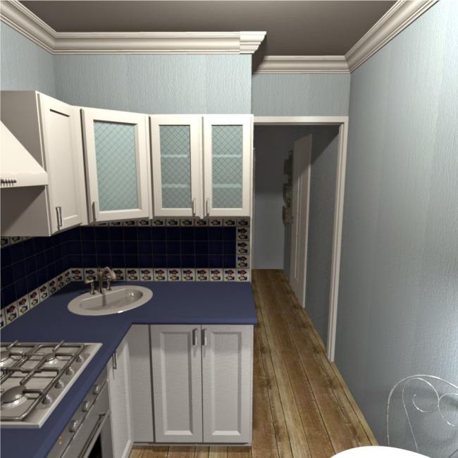 Disegna una piccola cucina blu in stile nautico.