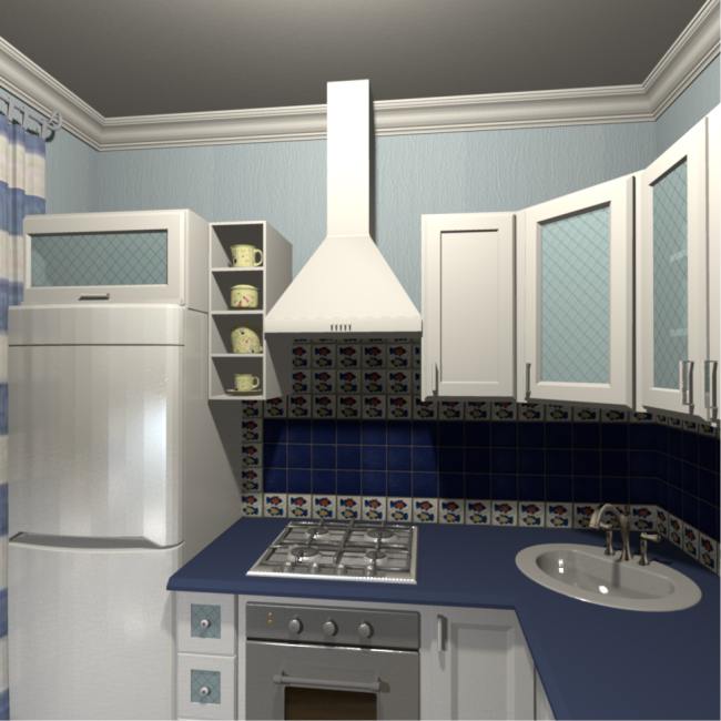 Suunnittele pieni sininen keittiö merimaisemassa.