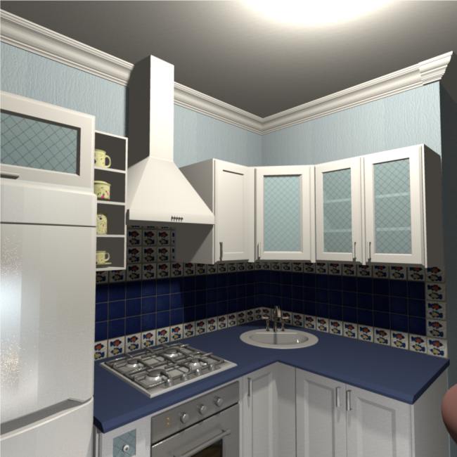 Diseña una pequeña cocina azul en estilo náutico.