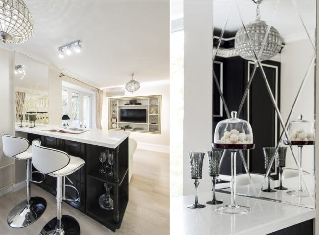 Design av en-roms leilighet med et lite kjøkken og en stue - bar teller