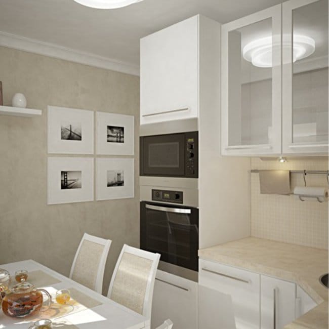 Dizajn projekta bijele male kuhinje u modernom stilu