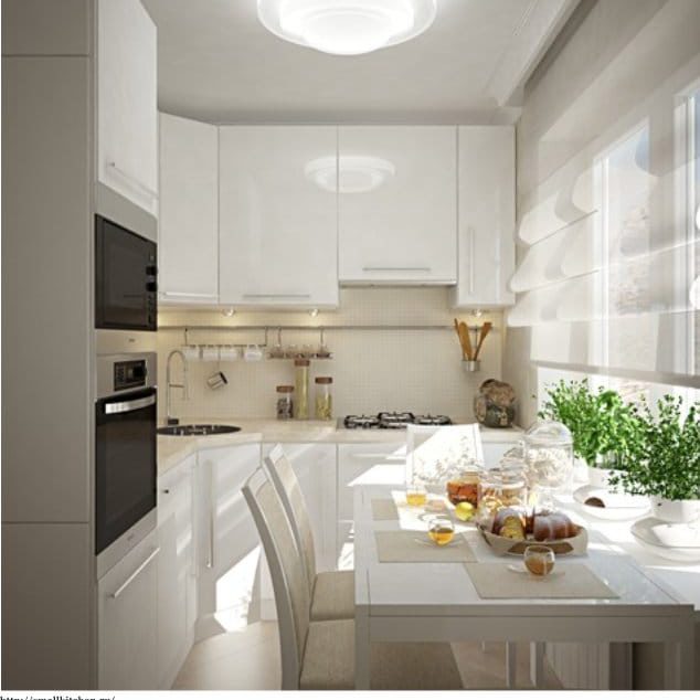 Design project of a white small kitchen in modern style