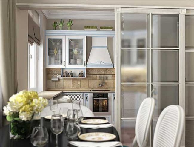 Design project of a small kitchen with a sliding door in a classic style.