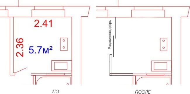 Kuchyňa 5.7 m2 M. S posuvnými dverami - kuchynský plán pred a po oprave