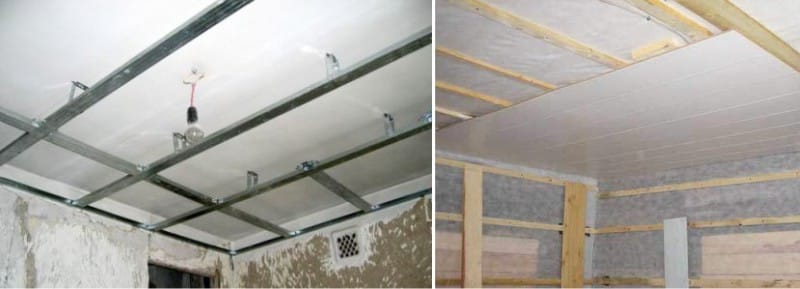 Instal·lació de panells de plàstic al sostre: marcs de perfils metàl·lics i barres de fusta