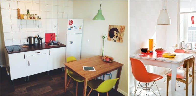 Farebné stoličky v interiéri kuchyne v škandinávskom štýle