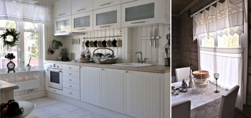 Short curtains in the form of lambrequin in the kitchen in rustic style