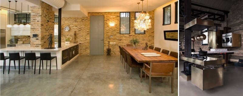 Bulk gulv i køkkenets indretning i stil med loft og industri