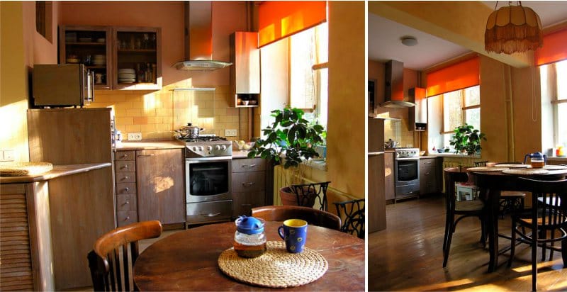 ผ้าม่านสีส้มในการตกแต่งภายในของห้องครัวในแบบเก่าของมอสโก