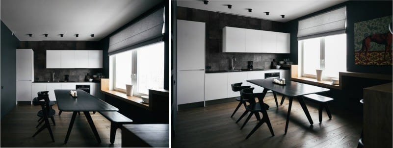 Römische Vorhänge im Interieur der Küche im Stil des Minimalismus
