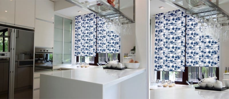 Mutfağın iç tasarımında yuvarlanmış perdeler