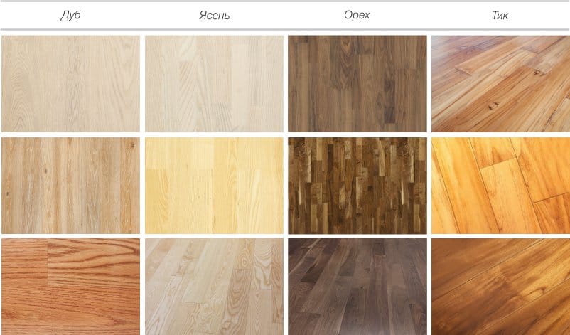 Variants of flooring floor design - oak, ash, walnut, teak