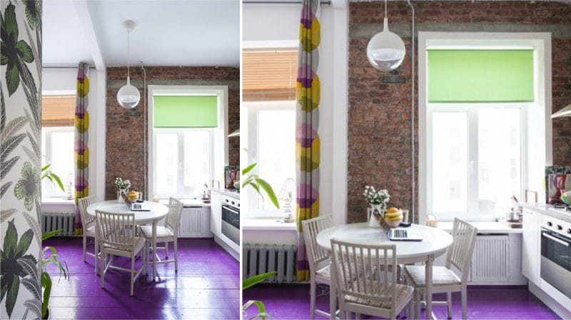 Grøn gardiner i indretningen af ​​køkken-stuen