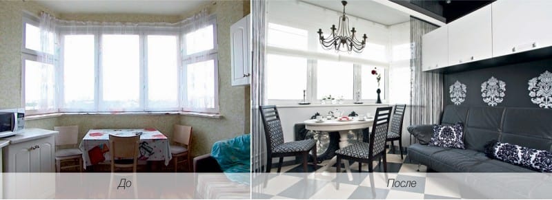 Cuisine avec baie vitrée de style trapézoïdal dans la maison de la série П-44Т - avant et après