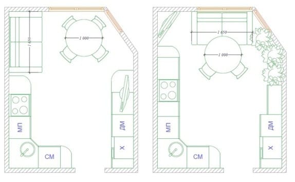 Kế hoạch nhà bếp với tủ điện và ghế sofa