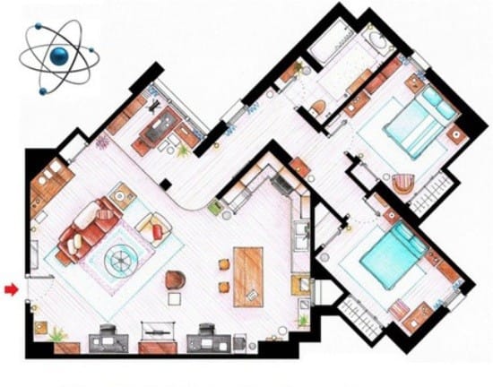 Plán bytu a kuchyne-obývacia izba Sheldon a Leonard
