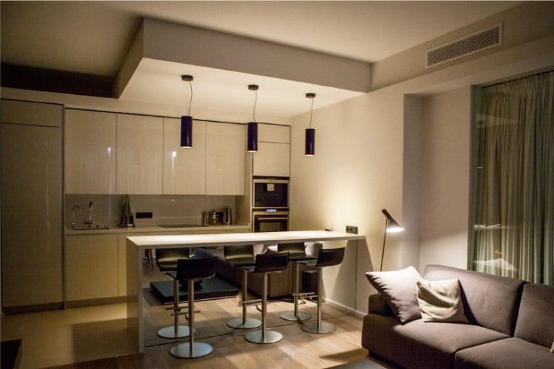 เพดานในห้องครัว - ห้องนั่งเล่นในรูปแบบของความเรียบง่าย