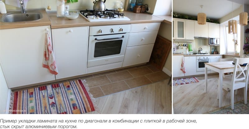 Colocación de laminado en diagonal en la cocina en combinación con azulejos en el área de trabajo