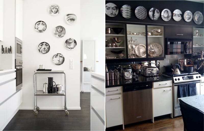 Dekoratívne taniere Pierrot Fornasetti v interiéri kuchyne