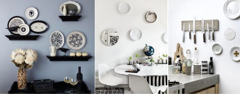 Wall arrangement of plates in monochrome and contrasting colors