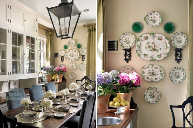 Plates on the wall in the interior of a classic kitchen