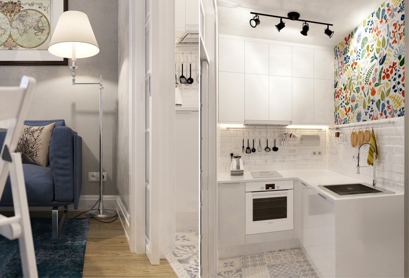 Virtuves dizains studijas tipa dzīvoklī ar starpsienu un bīdāmām durvīm