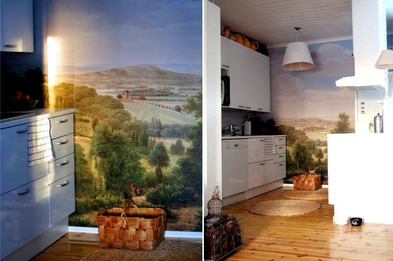Photowall-papir med et landskap i et interiør av kjøkken