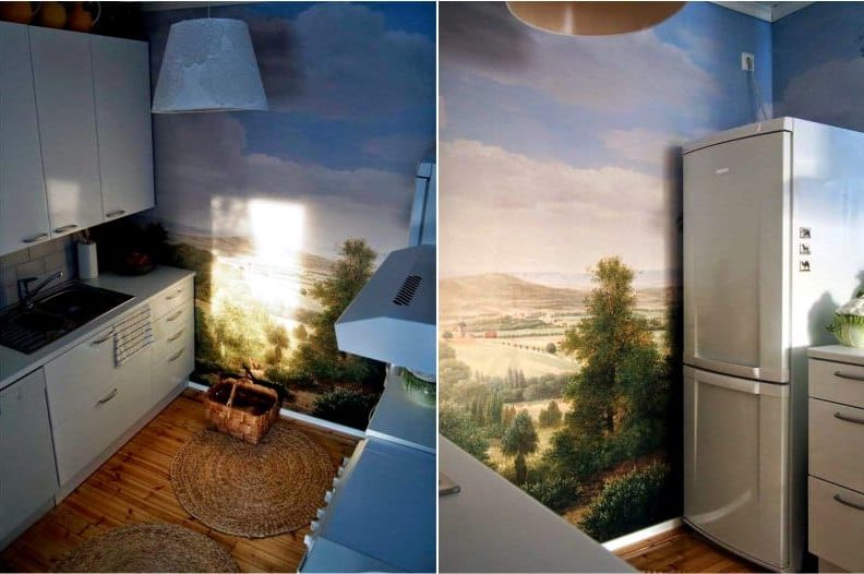 Fototapetenpapier mit Landschaft in einem Kücheninterieur