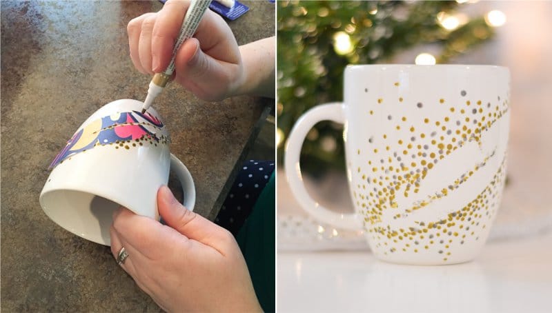 Scribbled mugs gamit ang homemade stencil at marker para sa keramika