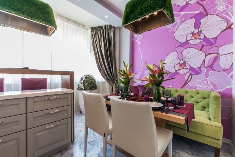 Bright wallpapers with flowers in the interior of the kitchen