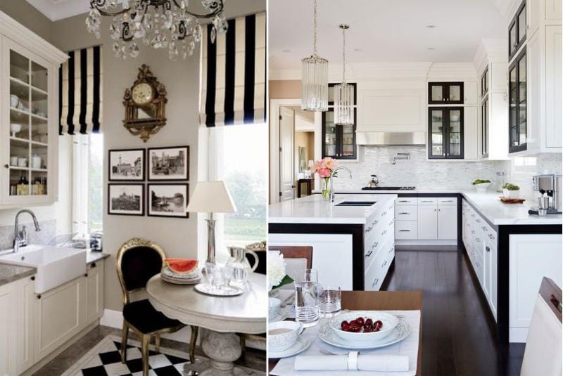 Црна и бела боја у унутрашњости кухиње у класичном стилу.