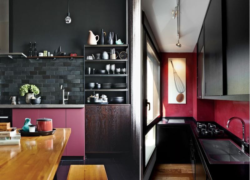 Црна и ружичаста боја у унутрашњости кухиње
