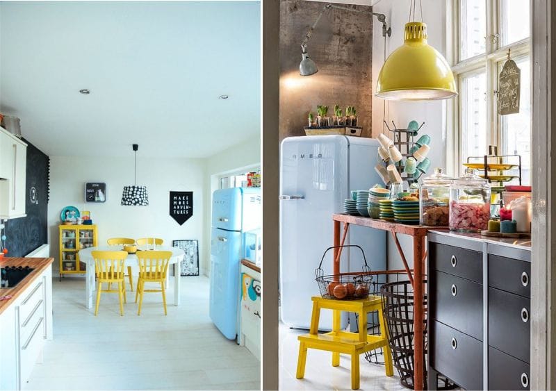 Azul e amarelo no interior da cozinha