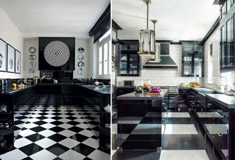 Кухиња са црним и белим подом