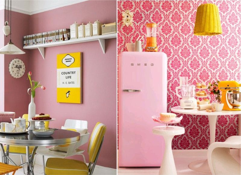 Roze en geel in het interieur van de keuken