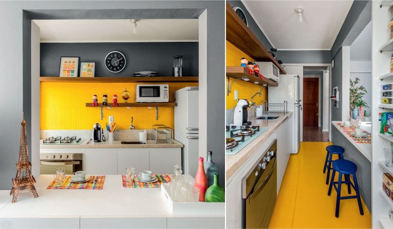 Šedá a žltá farba v interiéri kuchyne