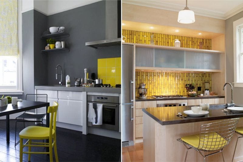 Harmaa ja keltainen väri keittiön sisätiloissa