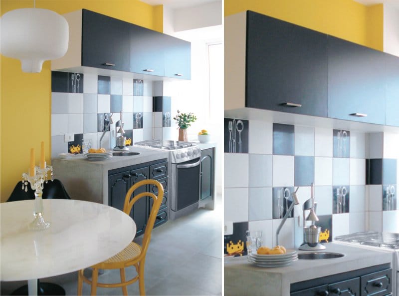 A combinação de amarelo e preto no interior da cozinha