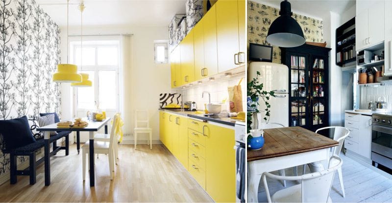 Dzeltena un melna kombinācija virtuves interjerā