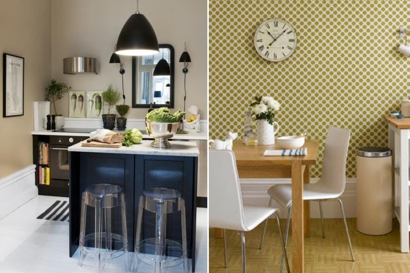 Virtuves interjerā sienas ir olīvu krāsas