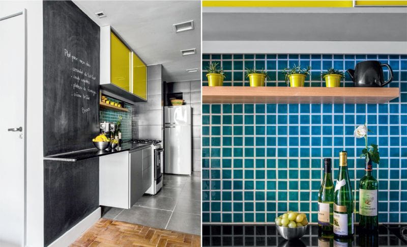 Mörkgrå och gul färg i kökets inredning