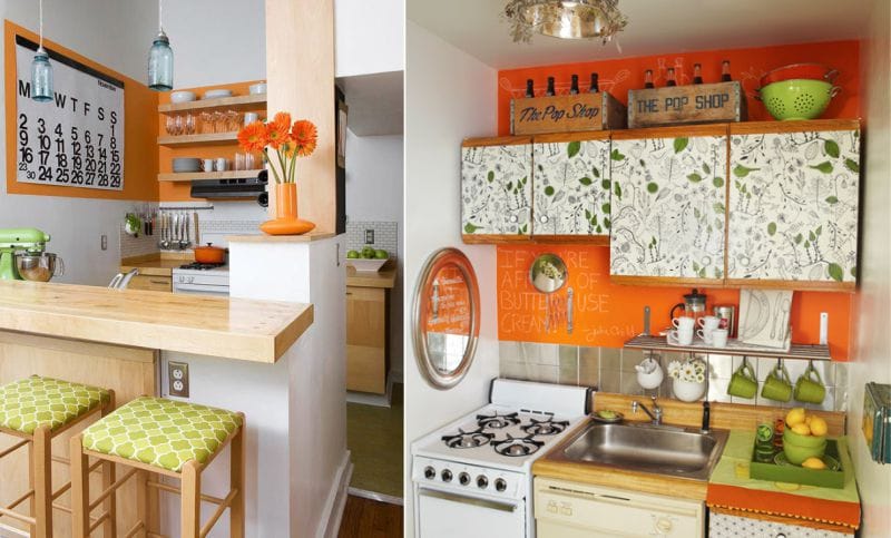 Bucătărie verde cu accente portocalii