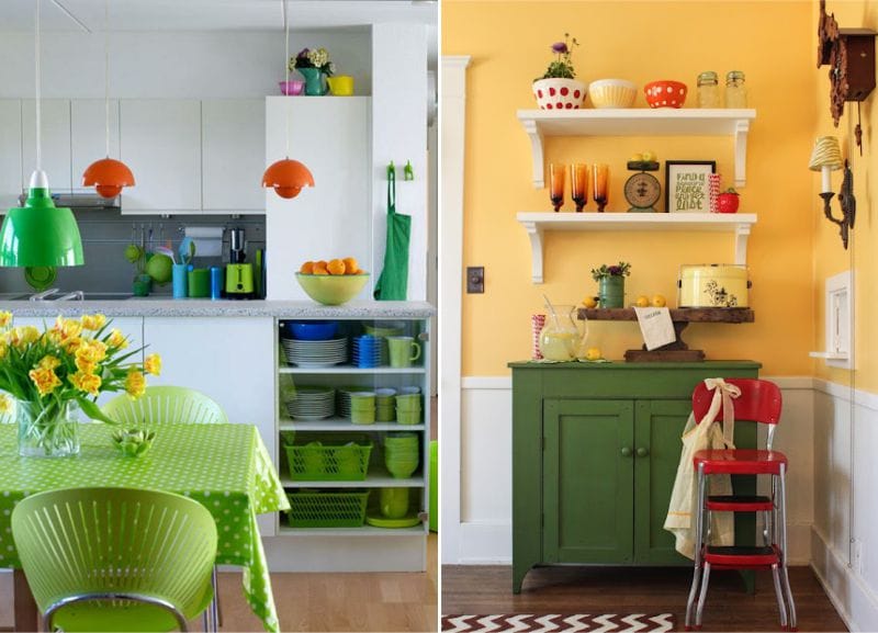 Vihreä keittiö, jossa on oranssi aksentti