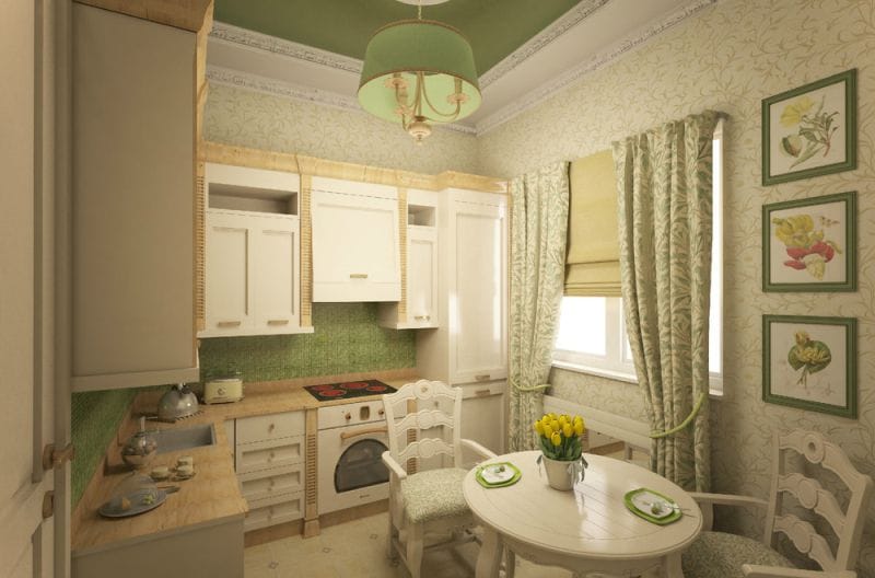 Žalioji ir geltona kaimo stiliaus virtuvės viduje