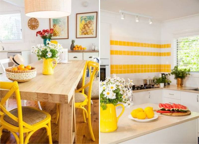 Dzeltenbalta virtuve lauku stilā